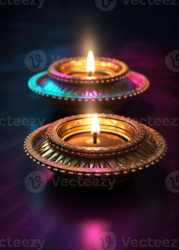 Two indian diya lamps lit up in a circular shape around the candle flame. Generative AI photo