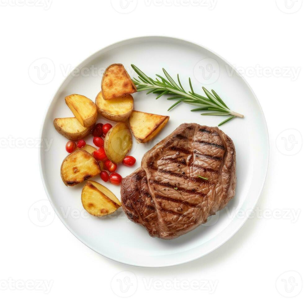 Steak with potatoes and rosemary on a plate isolated on white background. Generative AI photo