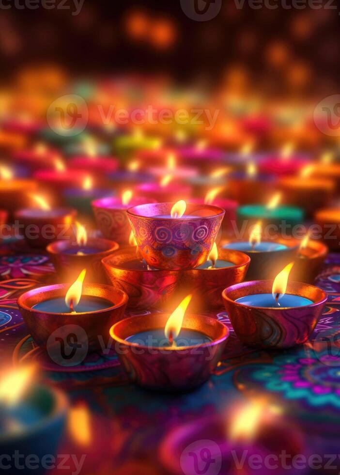 Lit diya candles against a colorful background. photo