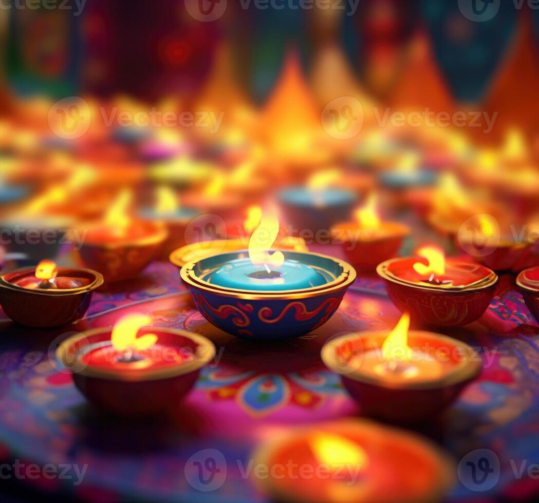 Lit diya candles against a colorful background. Generative AI photo