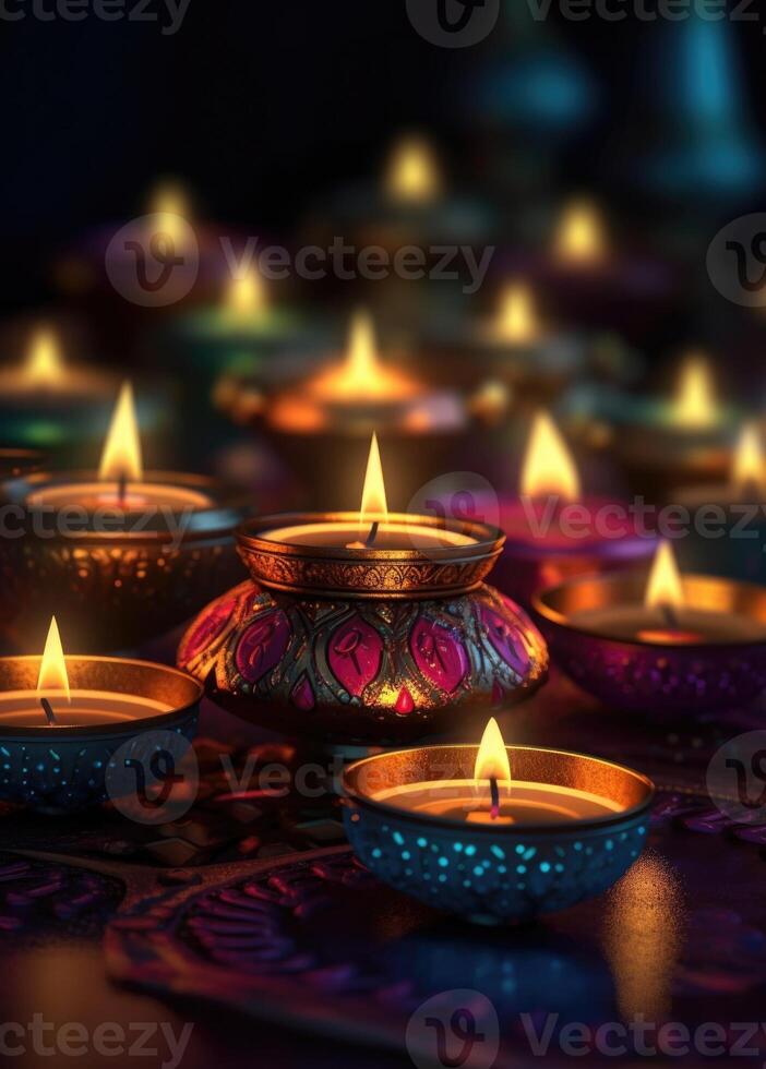 Group of diwali lit lamps on a table on a dark day. Generative AI photo