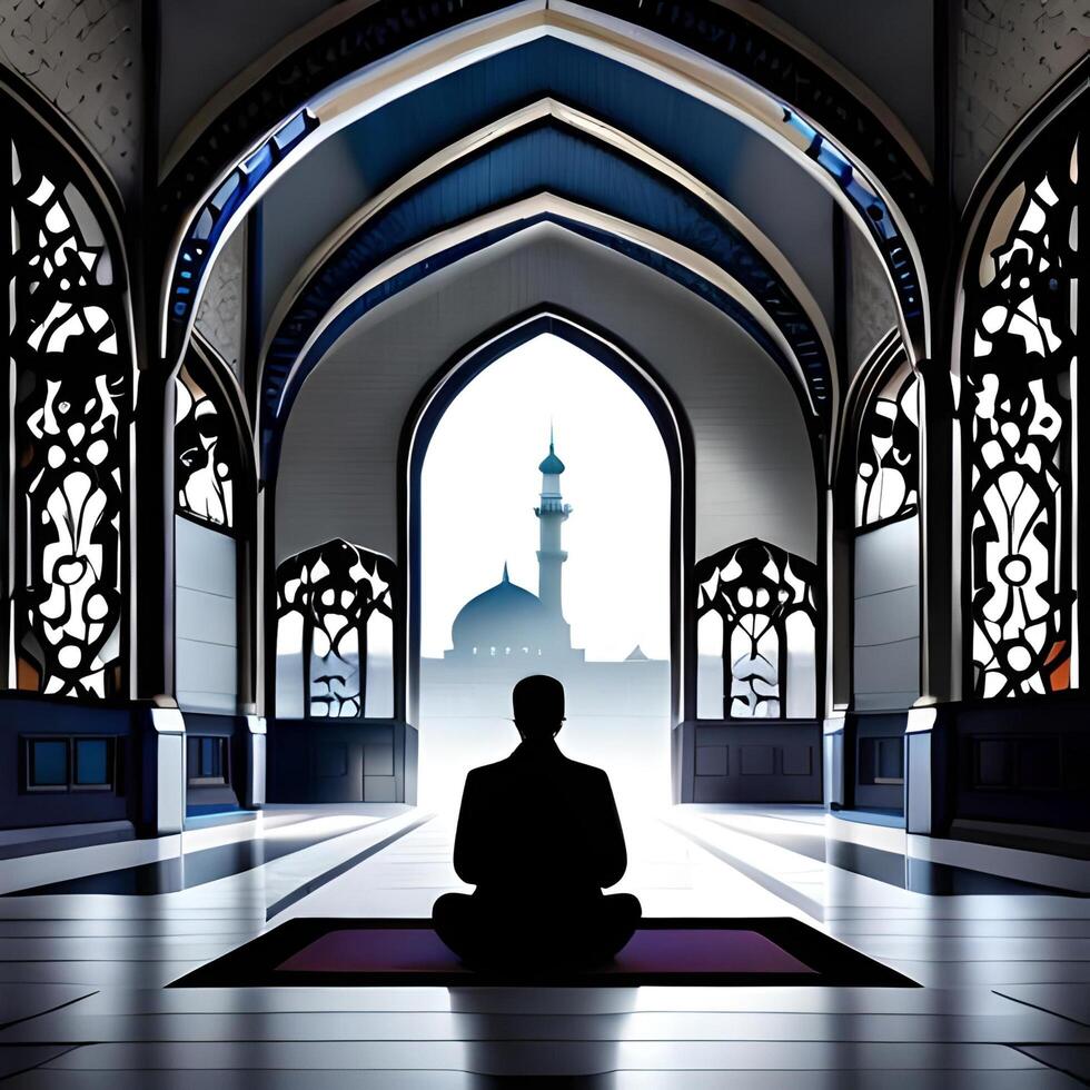 Silhouette object in the mosque, muslim people praying with the atmosphere of a mosque in the middle east, good to use for business, blog, presentation, religious. By Ai generative image photo