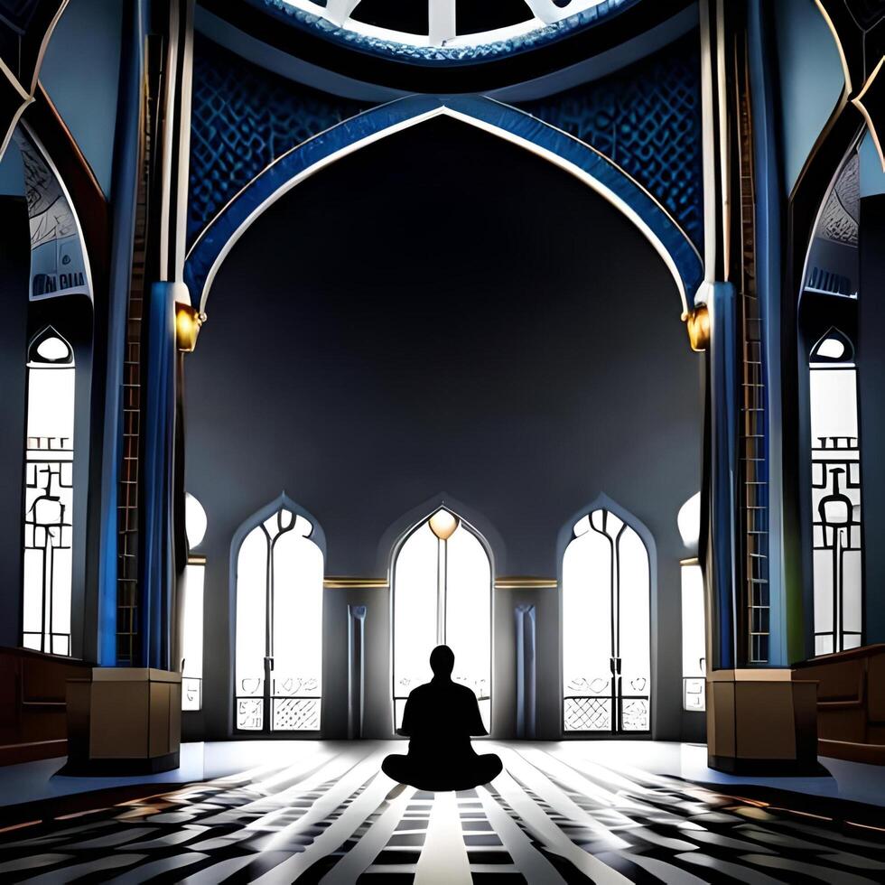 Silhouette object in the mosque, muslim people praying with the atmosphere of a mosque in the middle east, good to use for business, blog, presentation, religious. By Ai generative image photo