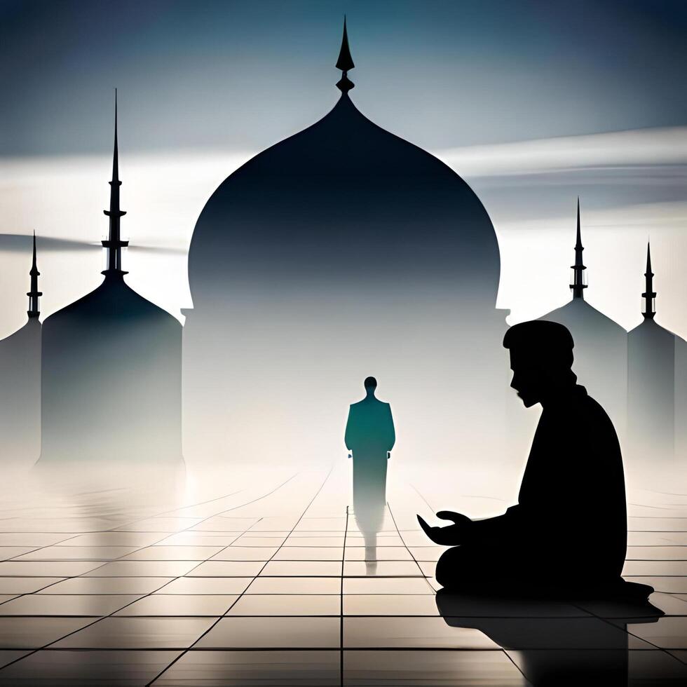 Silhouette object in the mosque, muslim people praying with the atmosphere of a mosque in the middle east, good to use for business, blog, presentation, religious. By Ai generative image photo