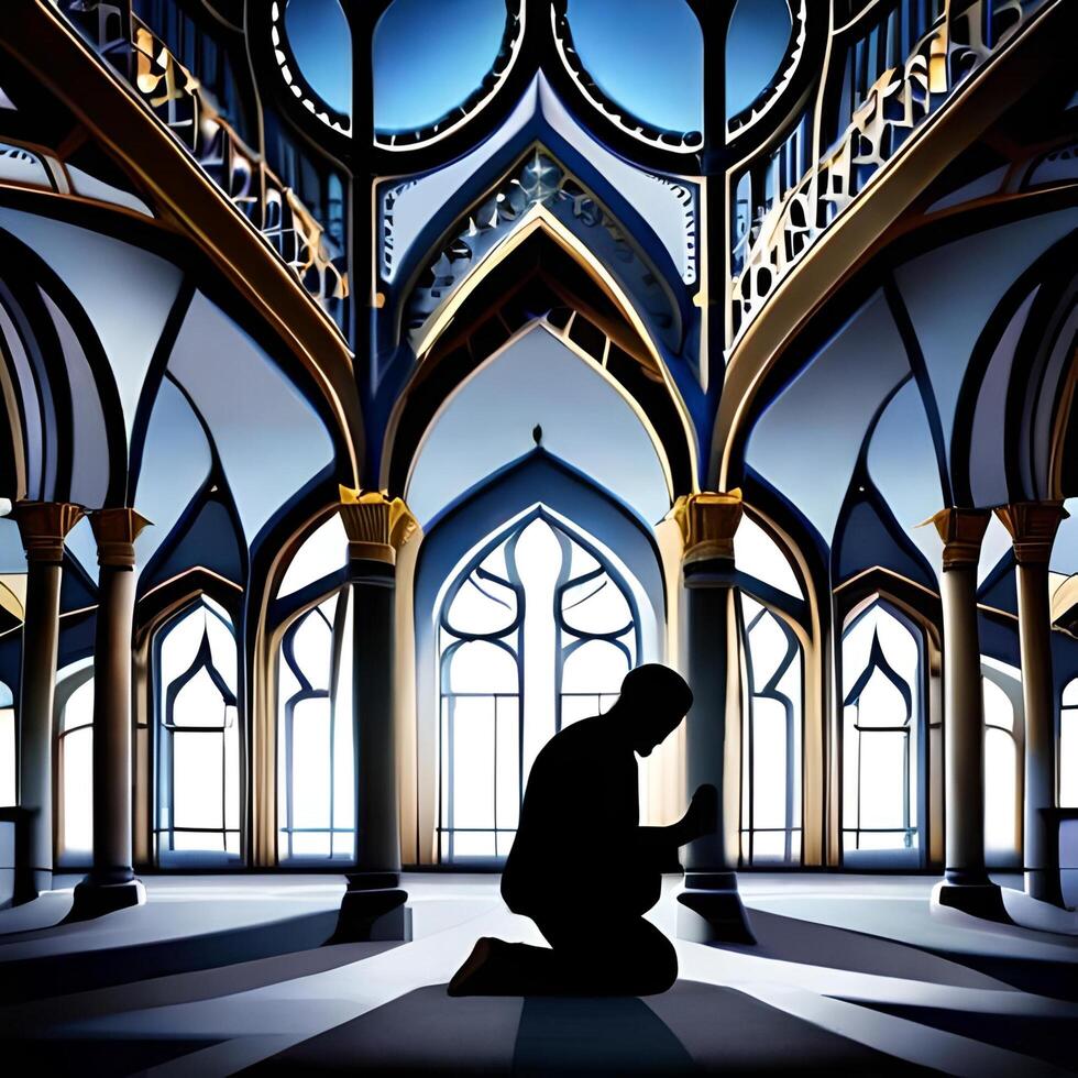 Silhouette object in the mosque, muslim people praying with the atmosphere of a mosque in the middle east, good to use for business, blog, presentation, religious. By image photo