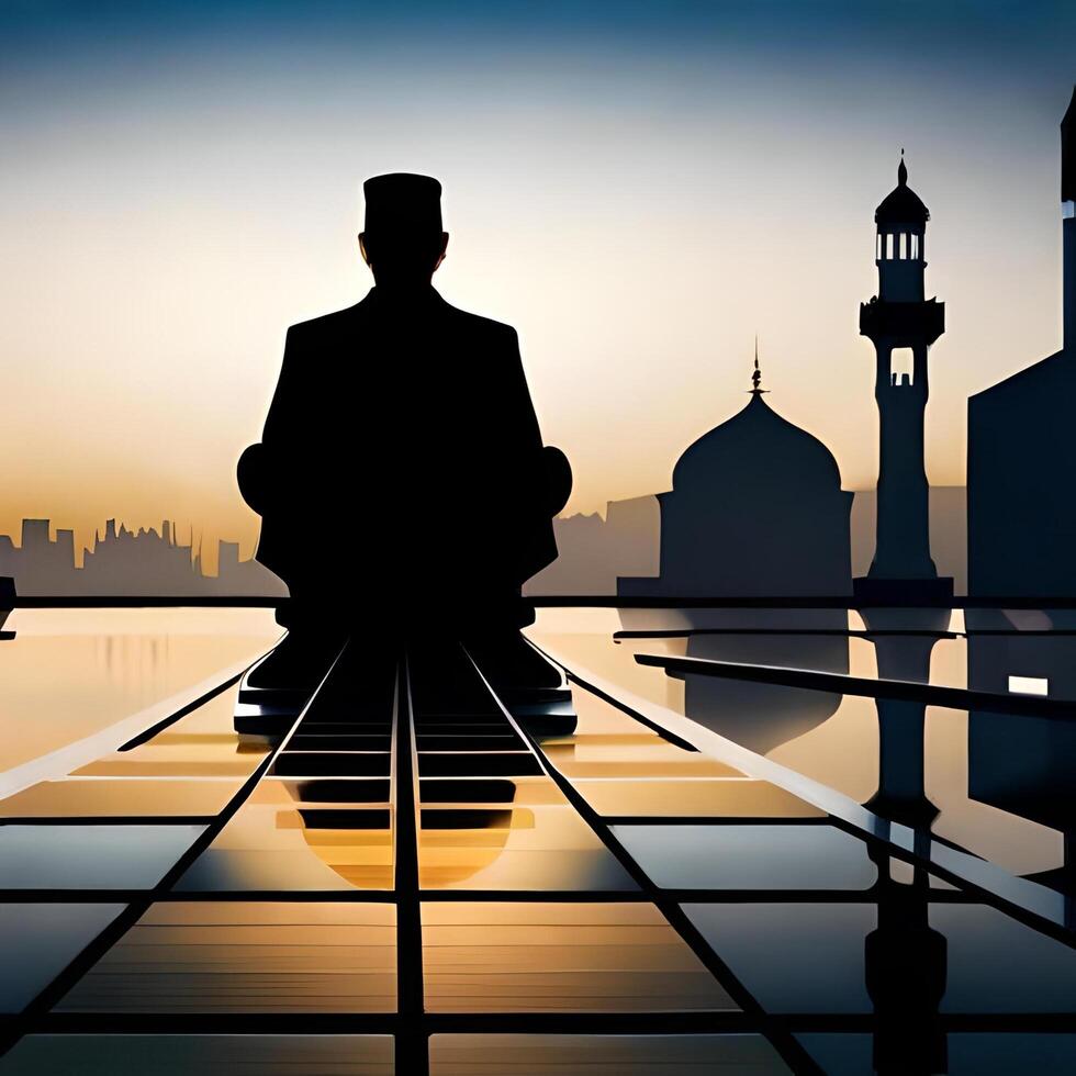 Silhouette object in the mosque, muslim people praying with the atmosphere of a mosque in the middle east, good to use for business, blog, presentation, religious. By image photo
