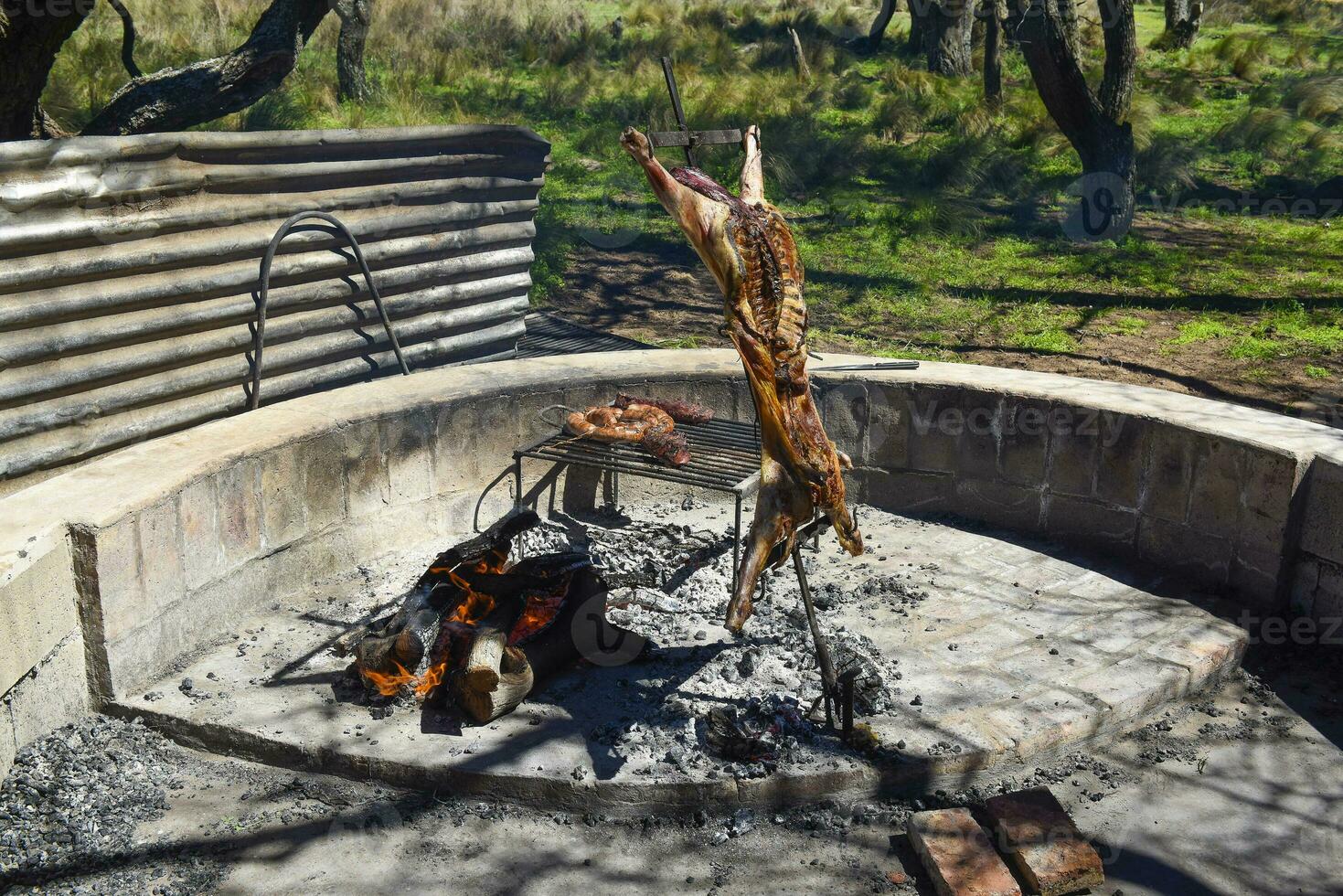 Cordero en el escupir, cocido con el tradicional argentino método, la pampa provincia, Patagonia, argentina. foto