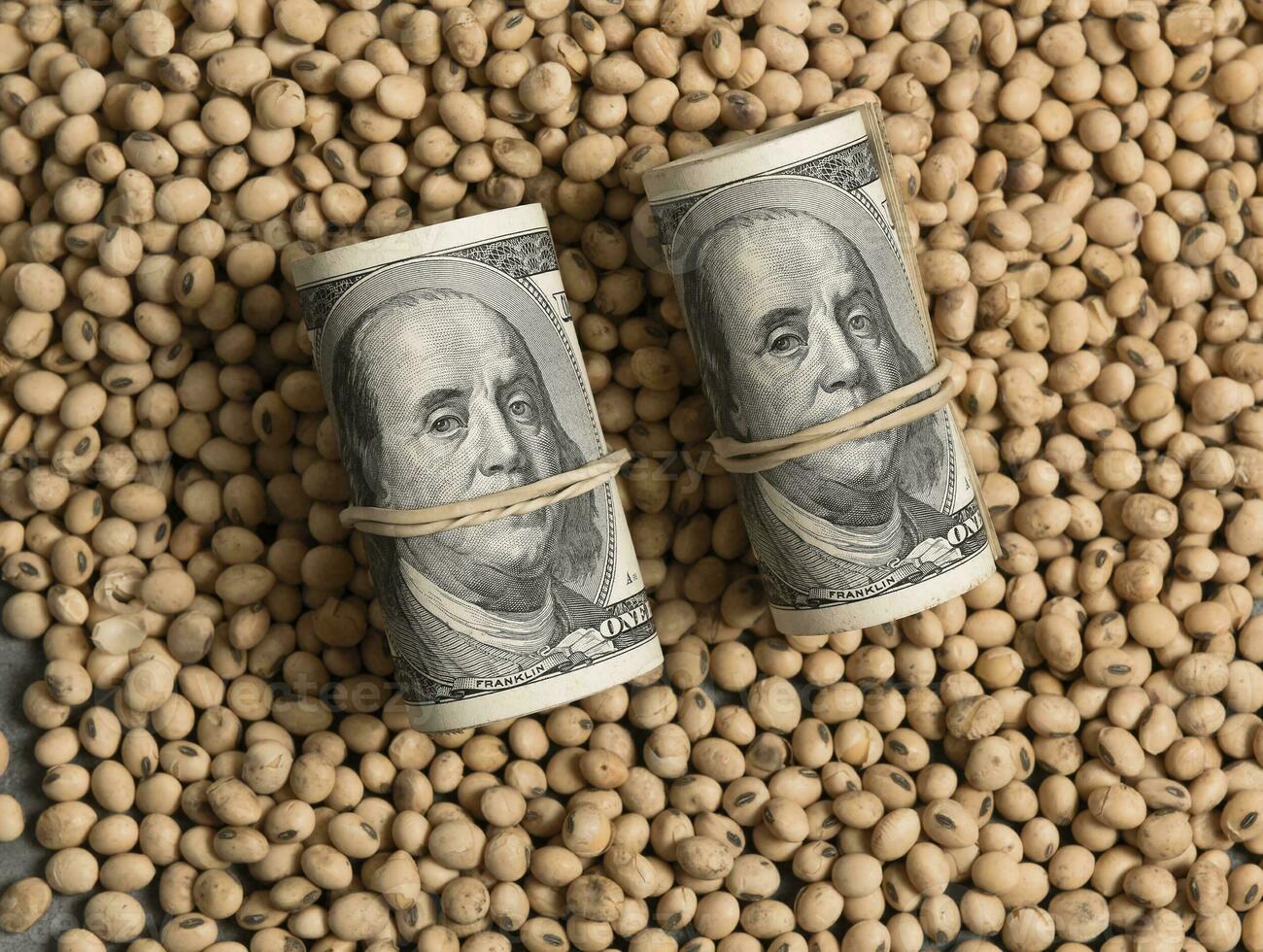 Dollars banknotes and coins and soy beans,oleaginous commoditi value concept. photo