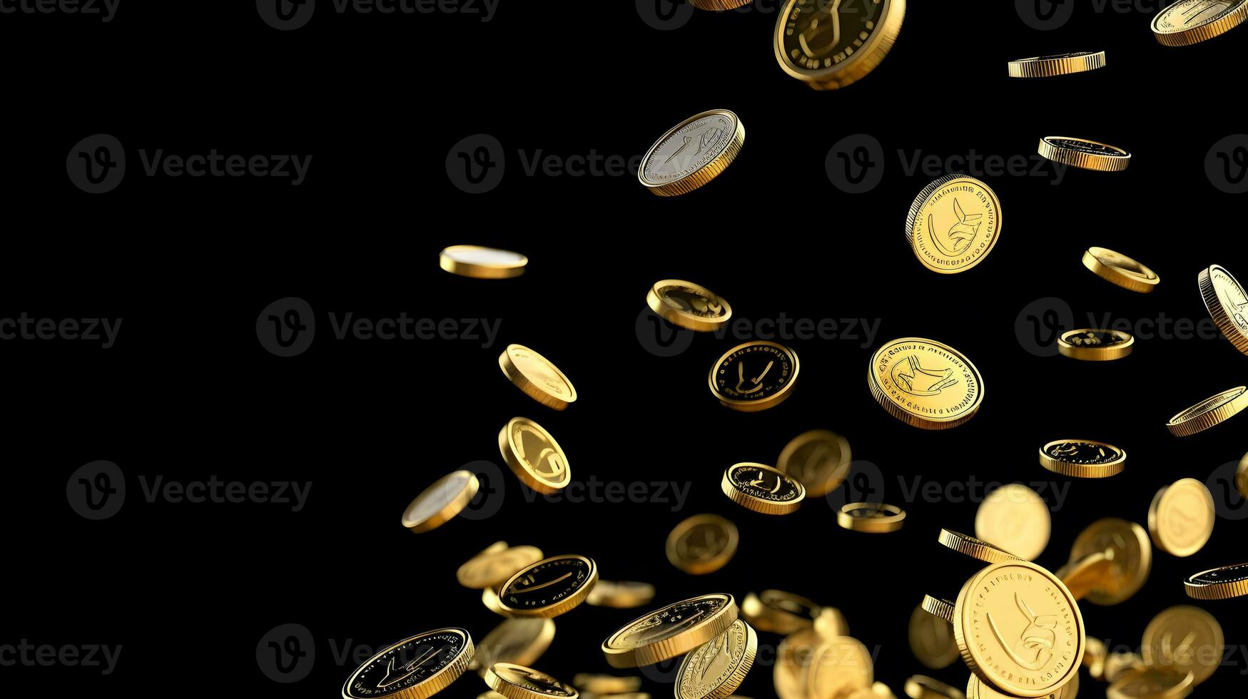 Gold coins falling from the top on black background. Generative AI photo