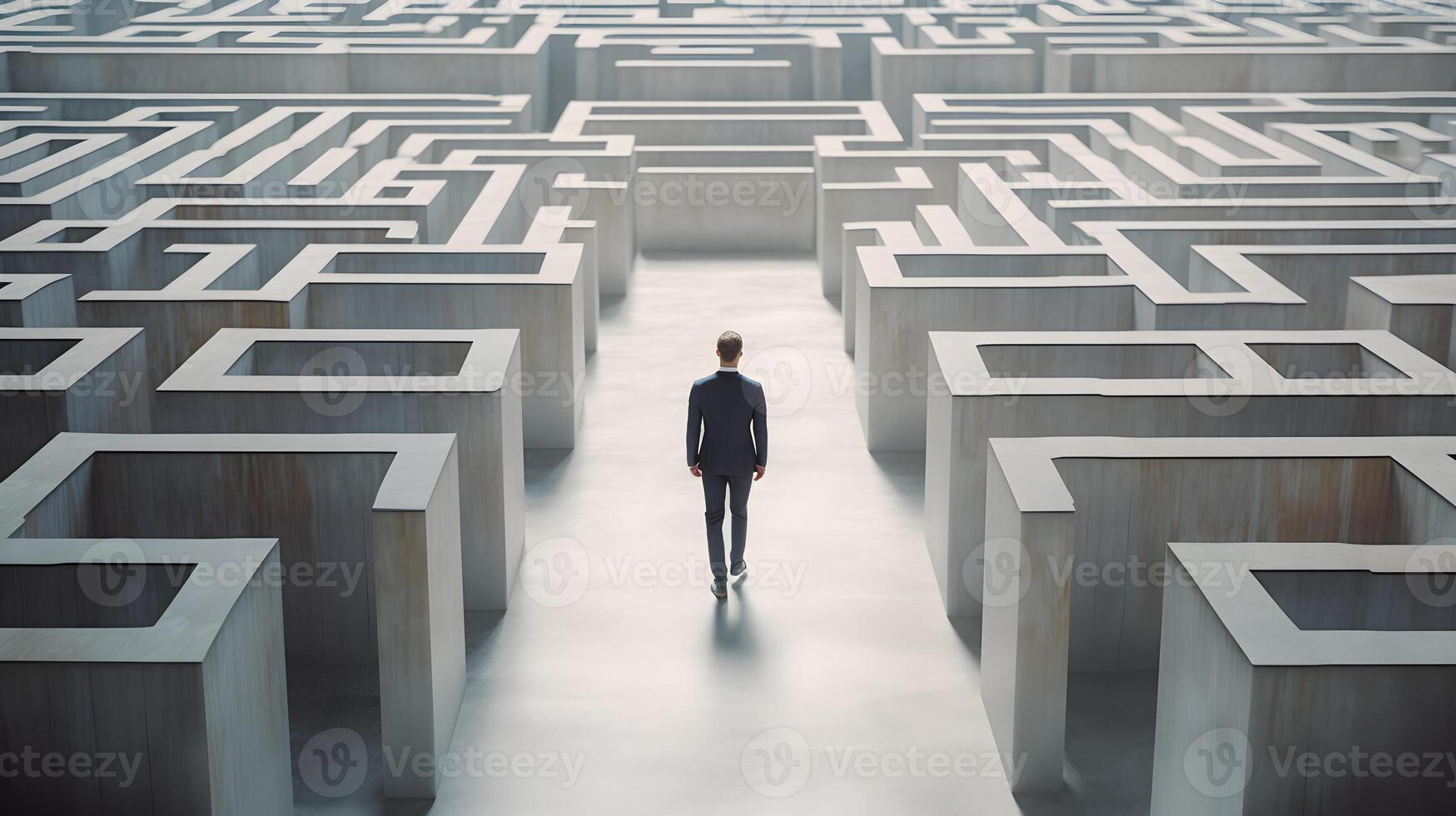 Businessman walking in maze cement to find way out. photo