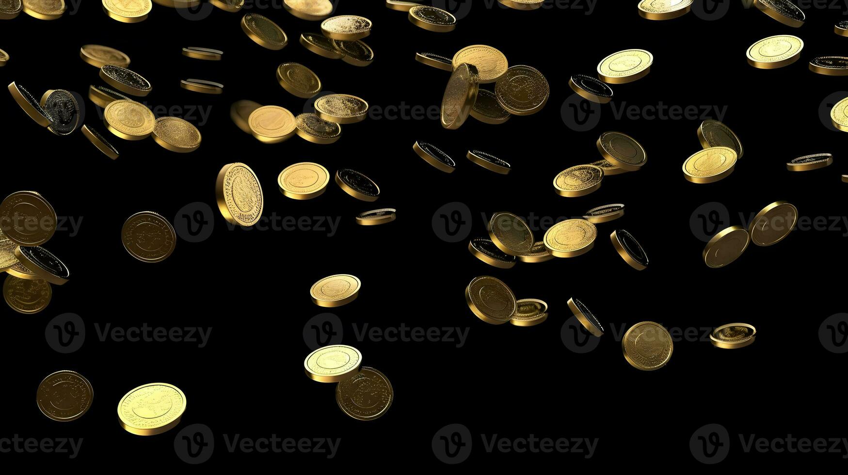 Gold coins falling from the top on black background. Generative AI photo