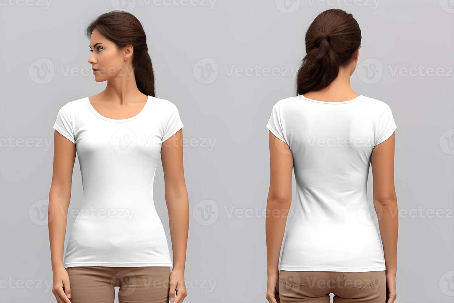 women model wear white blank t - shirt front and back views mock up. photo