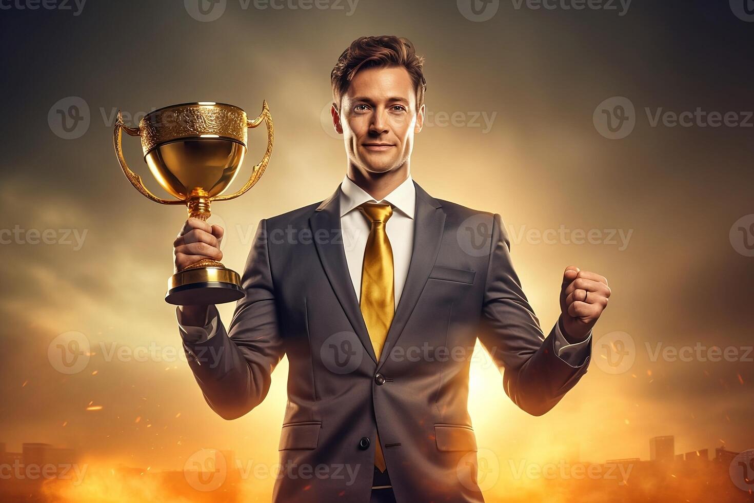 Businessman Holding gold trophy. celebrating with trophy award for success in business. photo