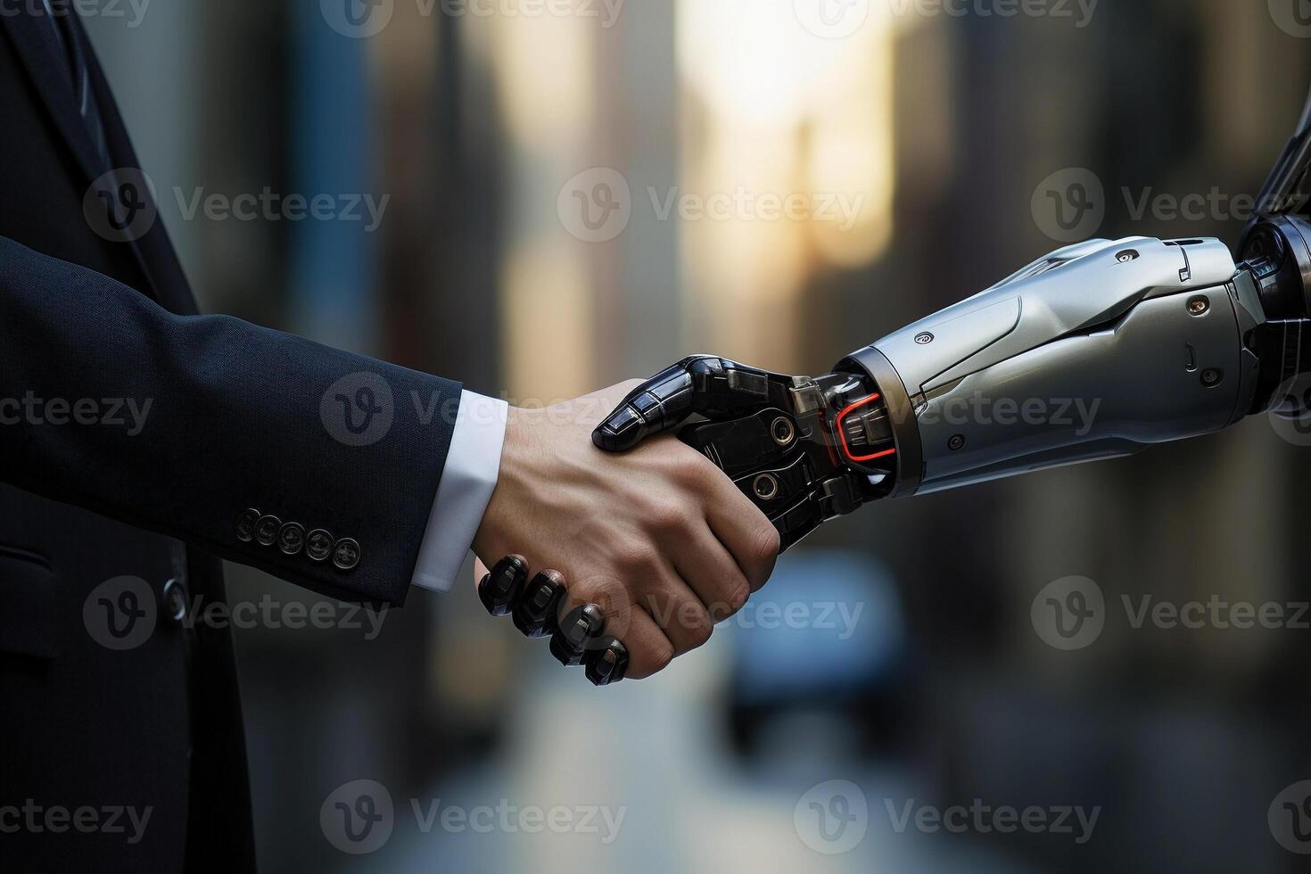 AI robot shake hand with business man. business technology concept. photo
