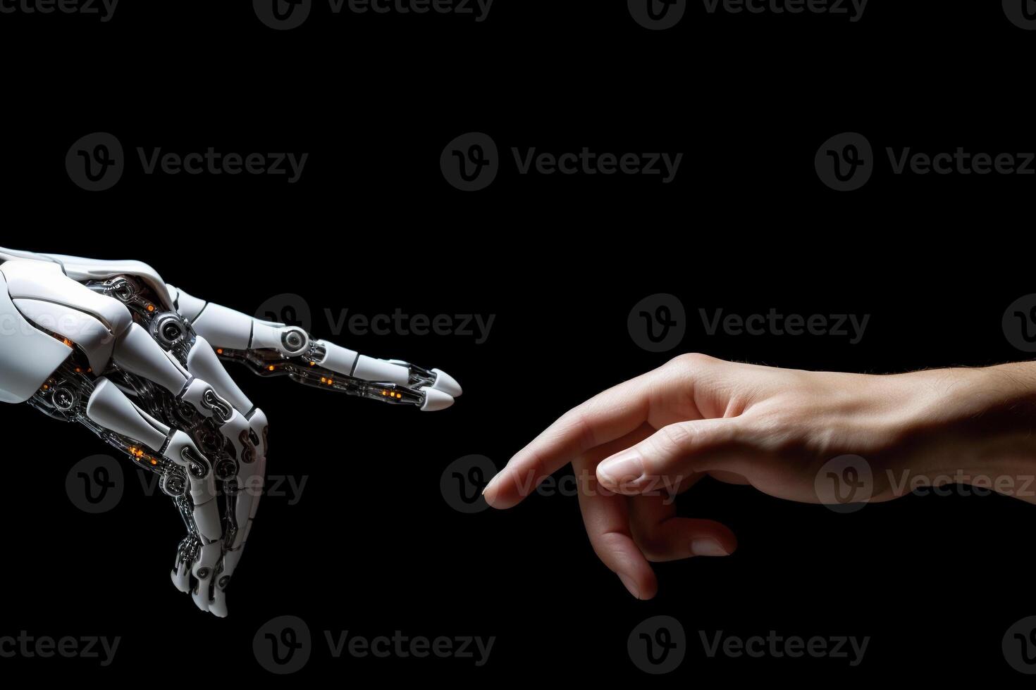 White cyborg finger about to touch human finger on dark background. Generative AI photo