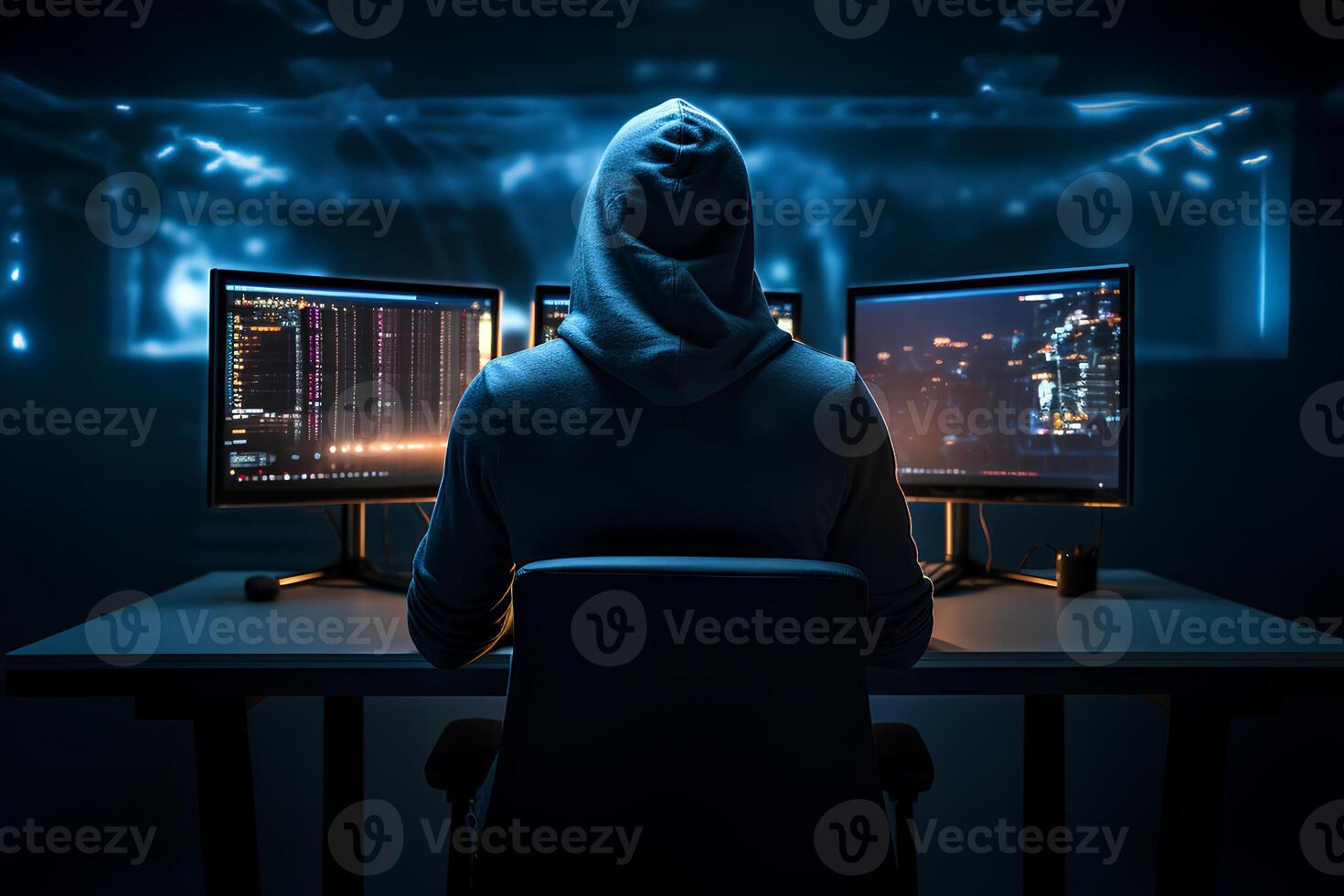 Hacker in dark room , Internet crime concept. photo