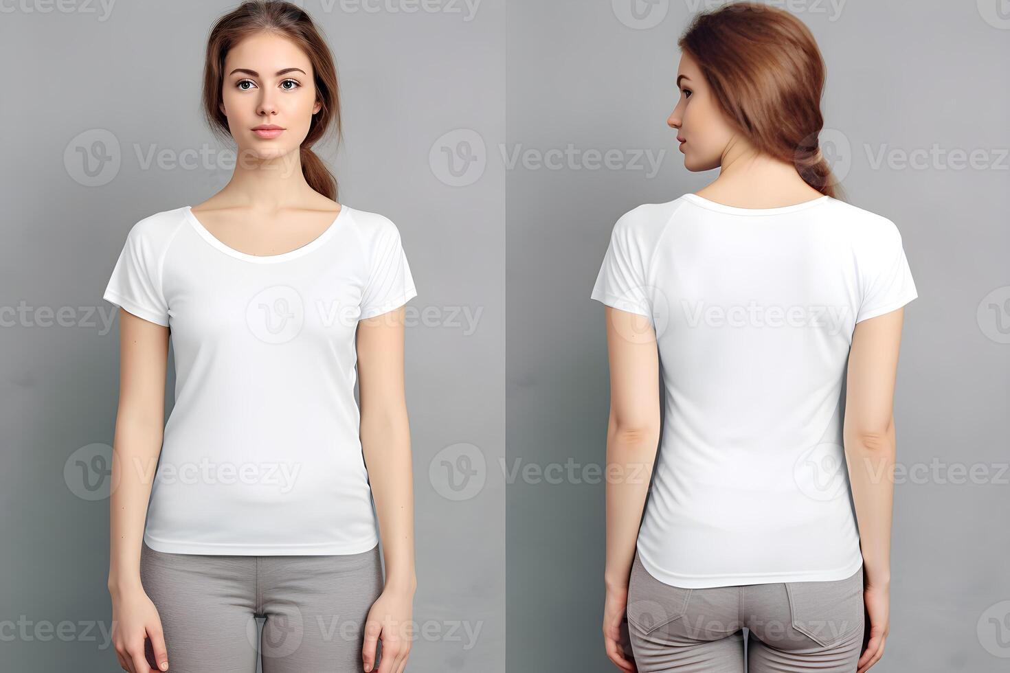 women model wear white blank t - shirt front and back views mock up. photo