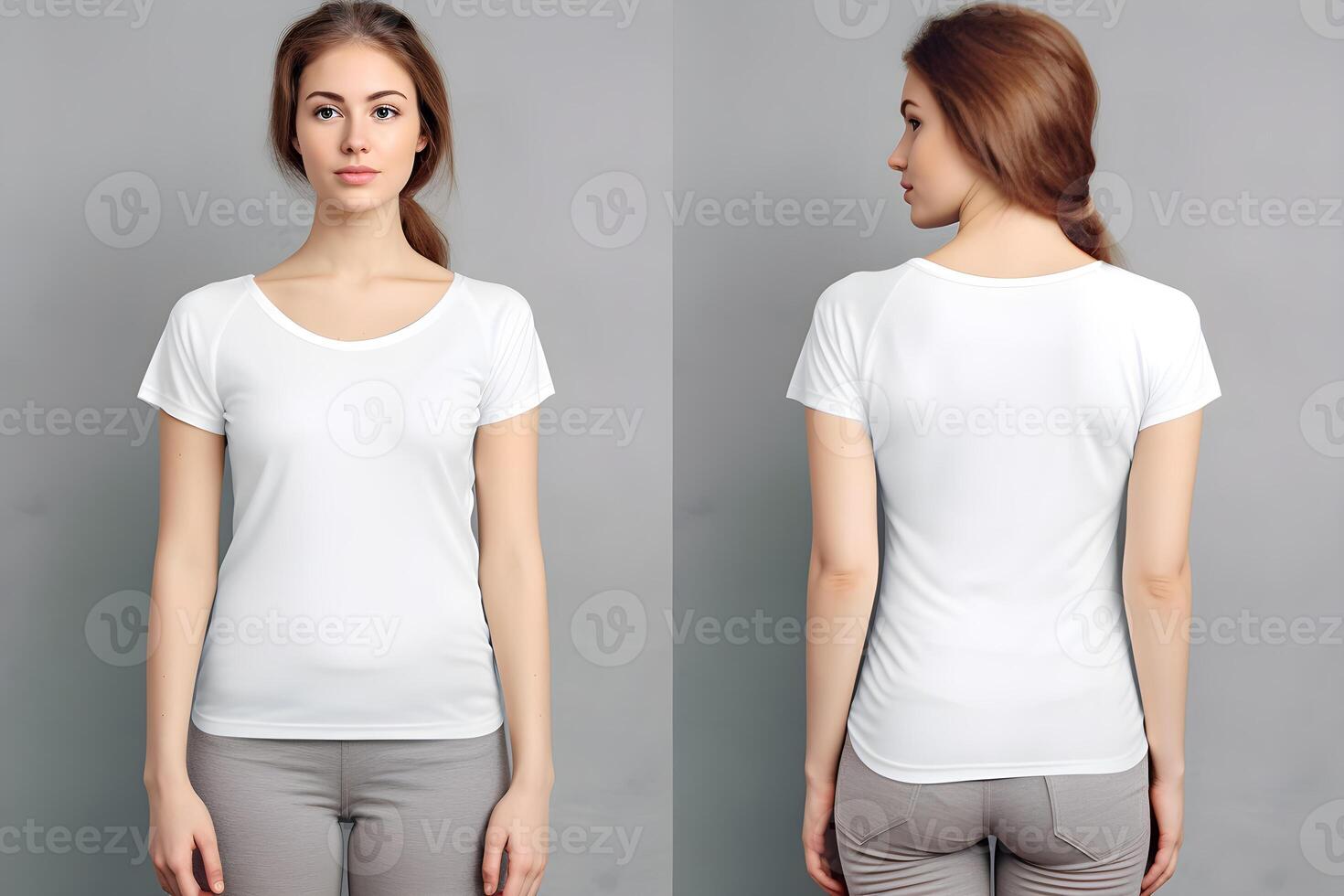 women model wear white blank t - shirt front and back views mock up. Generative AI photo