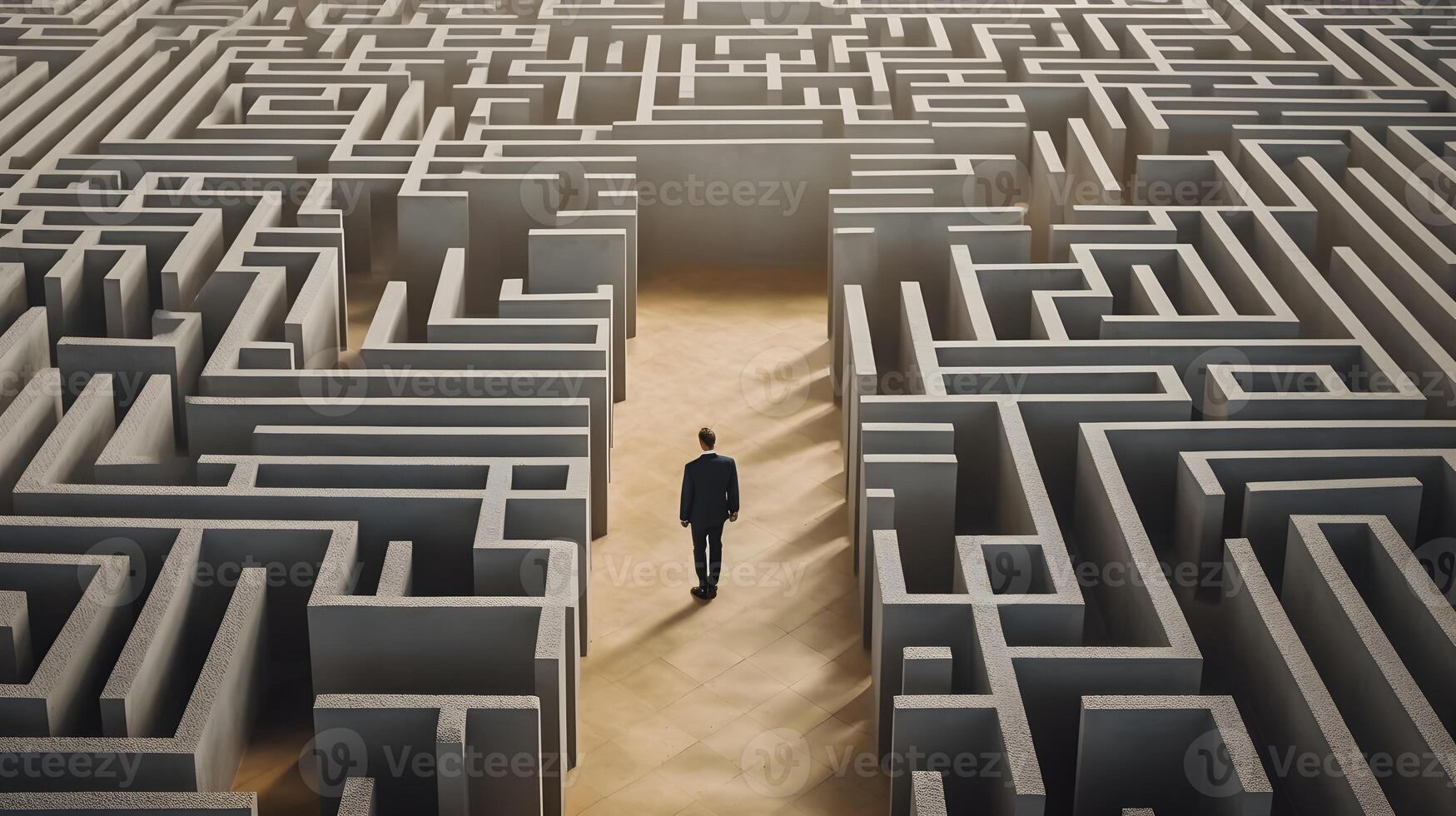 Businessman walking in maze cement to find way out. photo