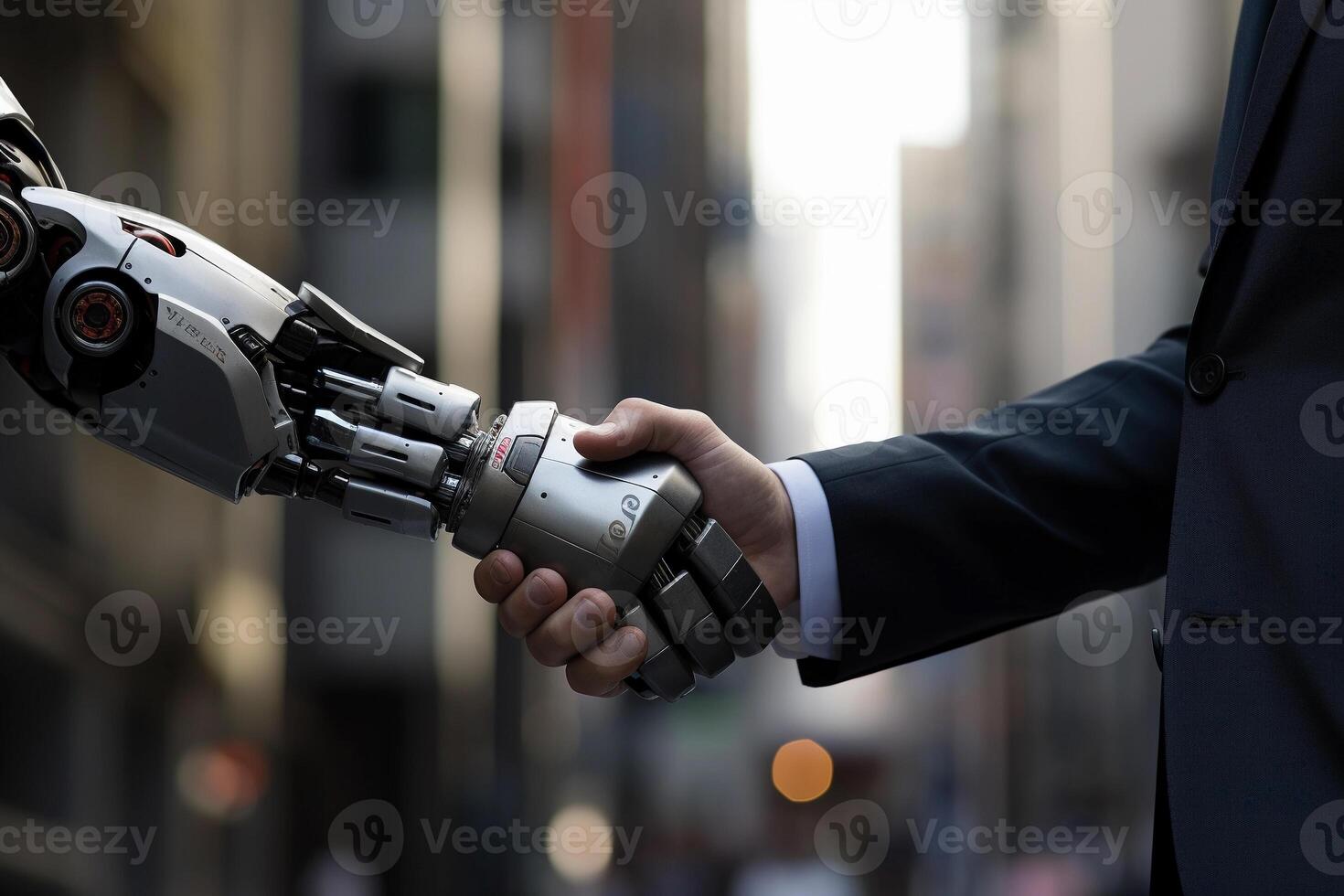 AI robot shake hand with business man. business technology concept. photo