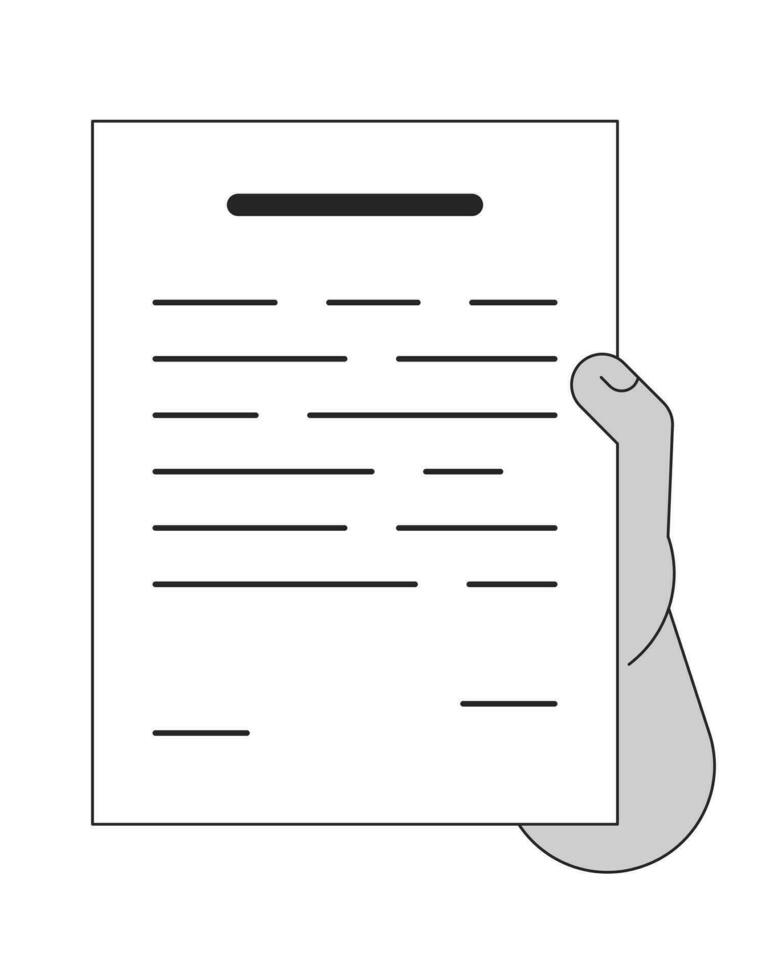 Holding paperwork bw concept vector spot illustration. Reading document 2D cartoon flat line monochromatic hand for web UI design. Corporate focused paper holding editable isolated outline hero image