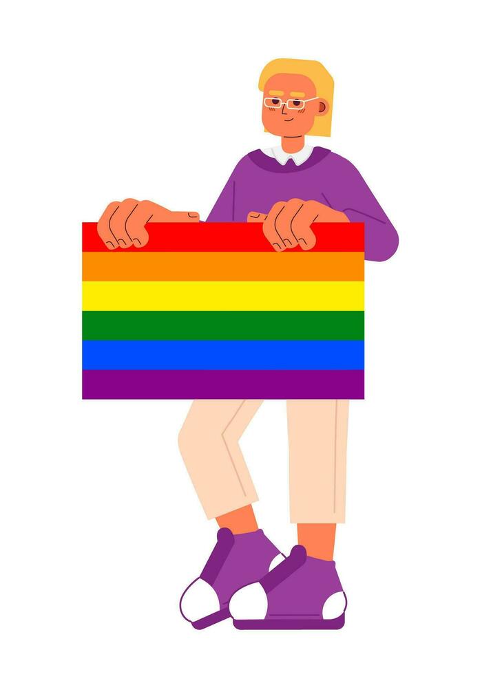 Handsome man holds lgbt rainbow pride flag semi flat color vector character. Editable full body man supports lgbt community on white. Simple cartoon spot illustration for web graphic design