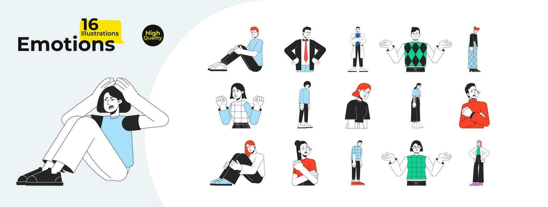 Human emotions flat line color vector characters bundle. Editable outline full body of sad, frustrated, baffled people on white. Simple cartoon spot illustration for web graphic design