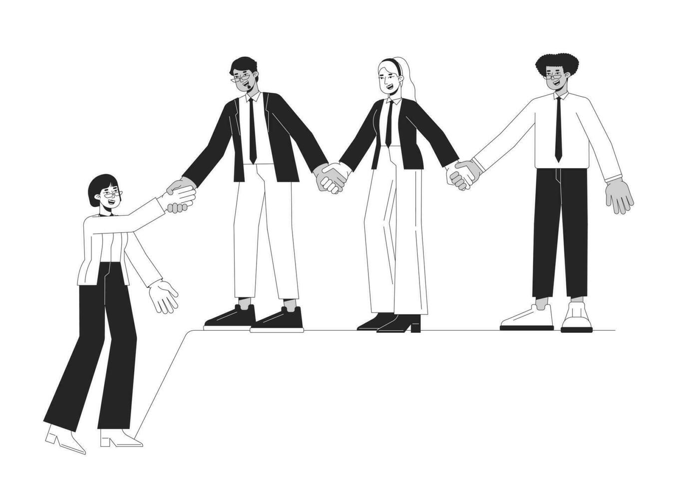 Supportive business team bw concept vector spot illustration. Colleagues 2D cartoon flat line monochromatic characters for web UI design. Collaboration, teamwork editable isolated outline hero image