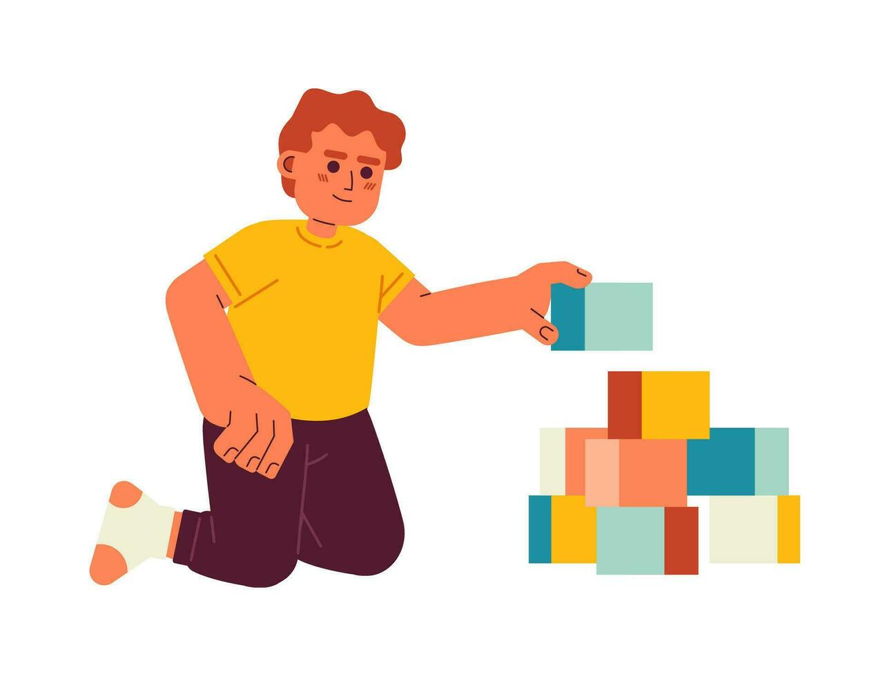 Toddler boy building pyramid cubes semi flat color vector character. Male kindergartner playing toy. Editable full body person on white. Simple cartoon spot illustration for web graphic design