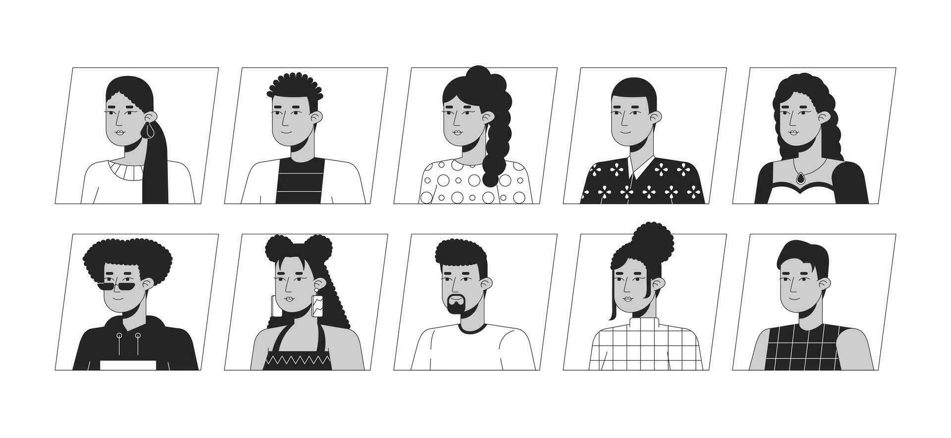 latinoamericano personas negro blanco dibujos animados avatar íconos manojo. editable 2d usuario retratos lineal ilustraciones. aislado vector cara perfil imágenes prediseñadas userpic recopilación, personas cabeza y espalda