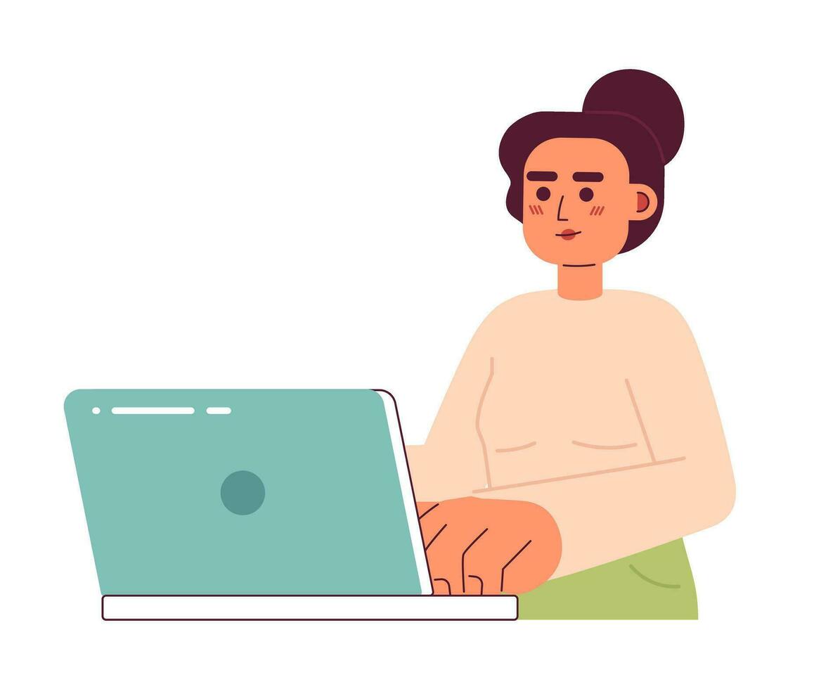 Pretty caucasian young woman with laptop semi flat color vector character. Editable half body woman typing on keyboard on white. Simple cartoon spot illustration for web graphic design