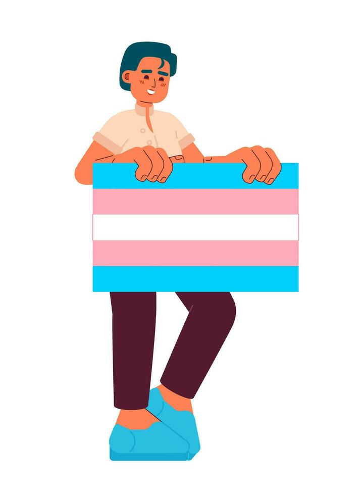 contento hombre muestra Transgénero orgullo bandera semi plano color vector personaje. editable lleno cuerpo hombre apoyo Transgénero lgbt personas en blanco. sencillo dibujos animados Mancha ilustración para web gráfico diseño