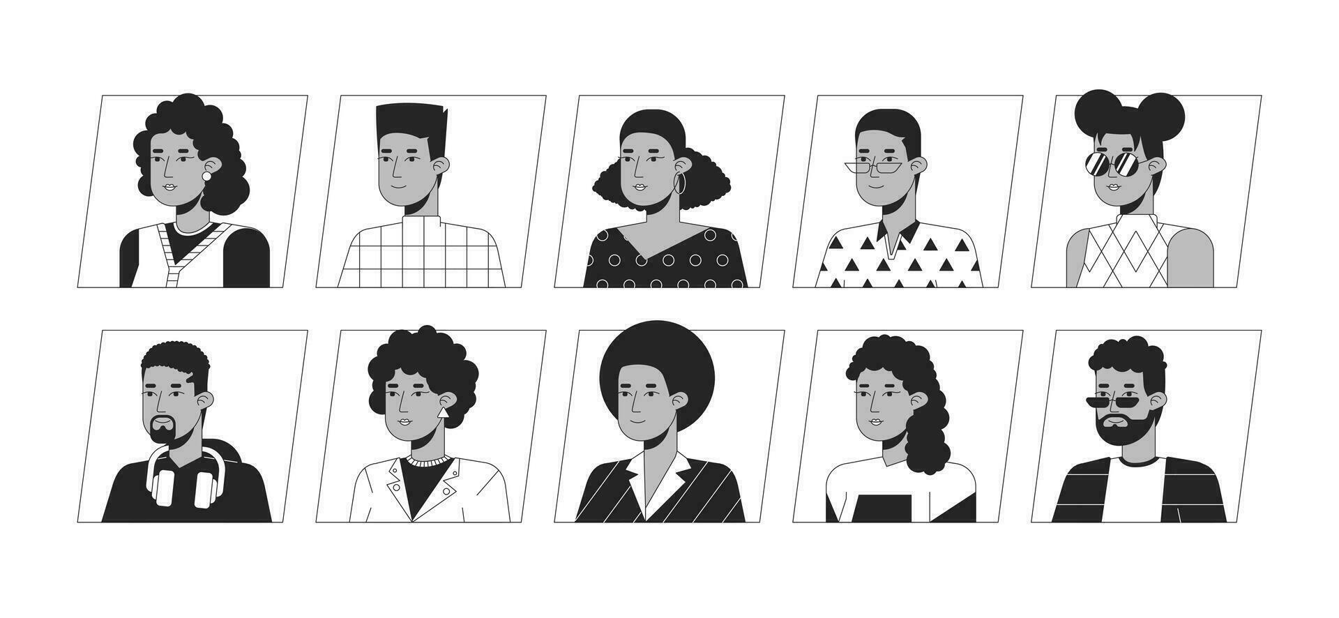 African american people black white cartoon avatar icons bundle. Editable 2D user portraits linear illustrations. Isolated vector face profile cliparts. Userpic collection, people head and shoulders