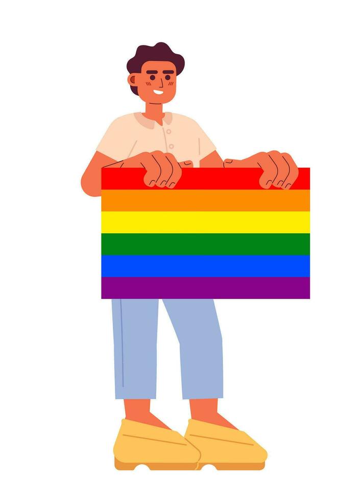 contento joven hombre apoyos lgbt comunidad semi plano color vector personaje. editable lleno cuerpo hombre sostiene lgbt orgullo bandera en blanco. sencillo dibujos animados Mancha ilustración para web gráfico diseño