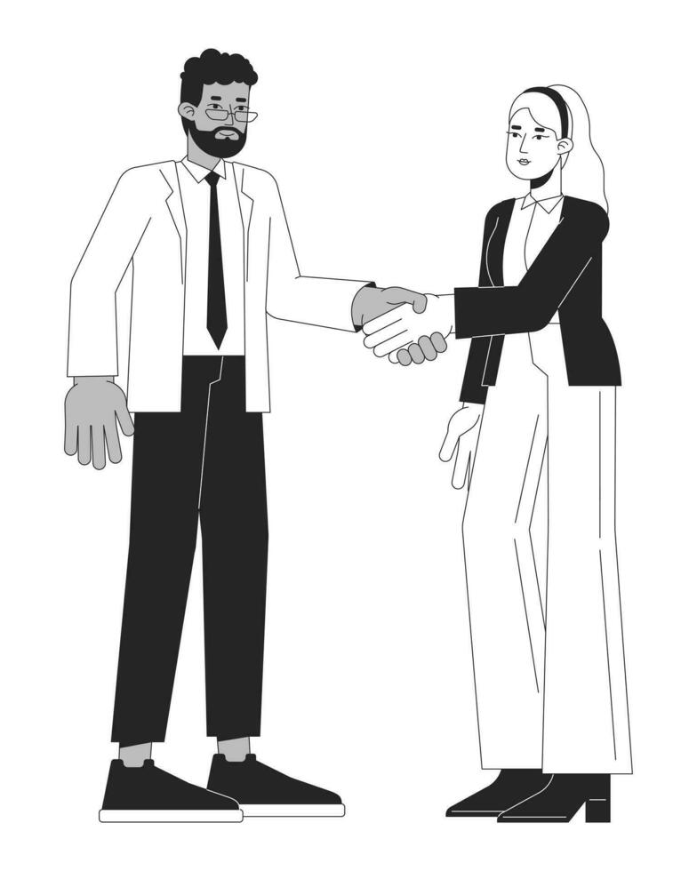 Networking businesspeople bw vector spot illustration. Hands shaking diversity 2D cartoon flat line monochromatic characters for web UI design. Handshake editable isolated outline hero image