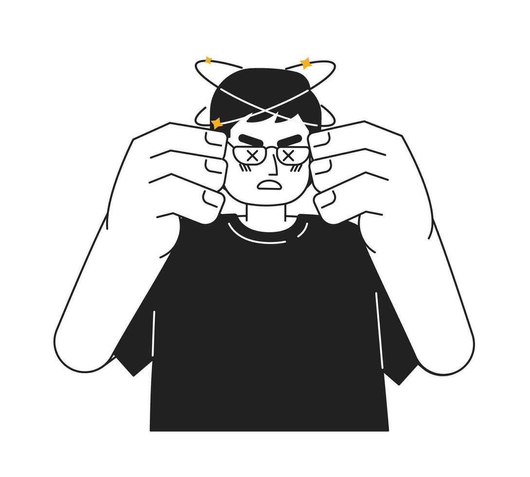 Asian man with spinning head monochromatic flat vector character. Headache dizzy. Male feeling sick. Editable thin line half body person on white. Simple bw cartoon spot image for web graphic design