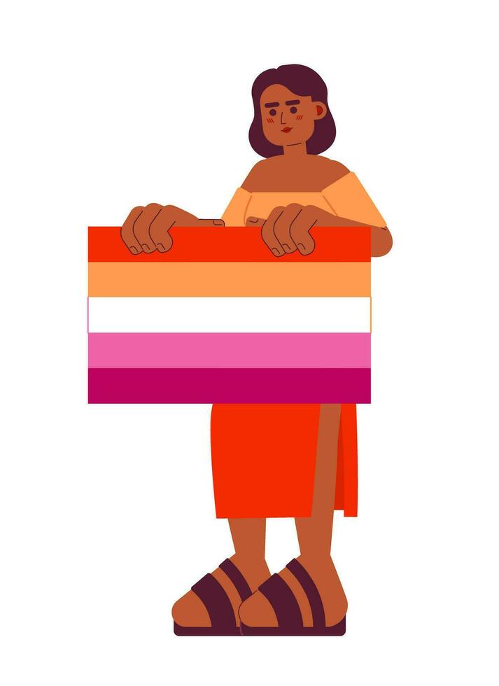 African american woman holds lesbian flag semi flat color vector character. Editable full body woman shows tolerance to lgbt on white. Simple cartoon spot illustration for web graphic design
