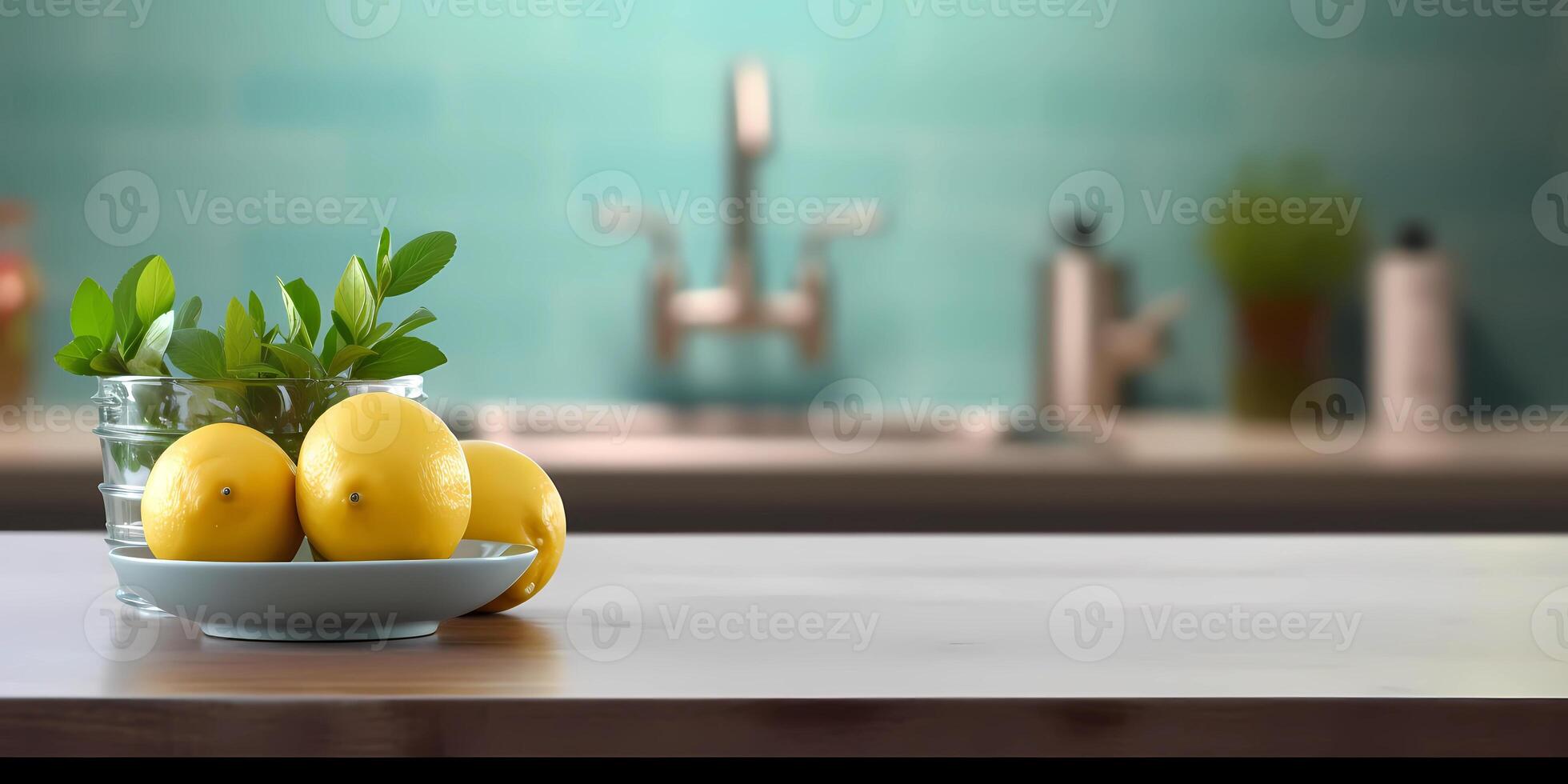 Wooden dining table blurred copy space background, photo