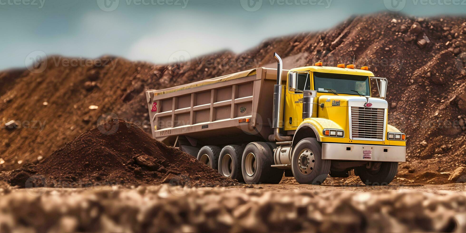 Dumptruck carries coal piles, mining activity. AI generated photo