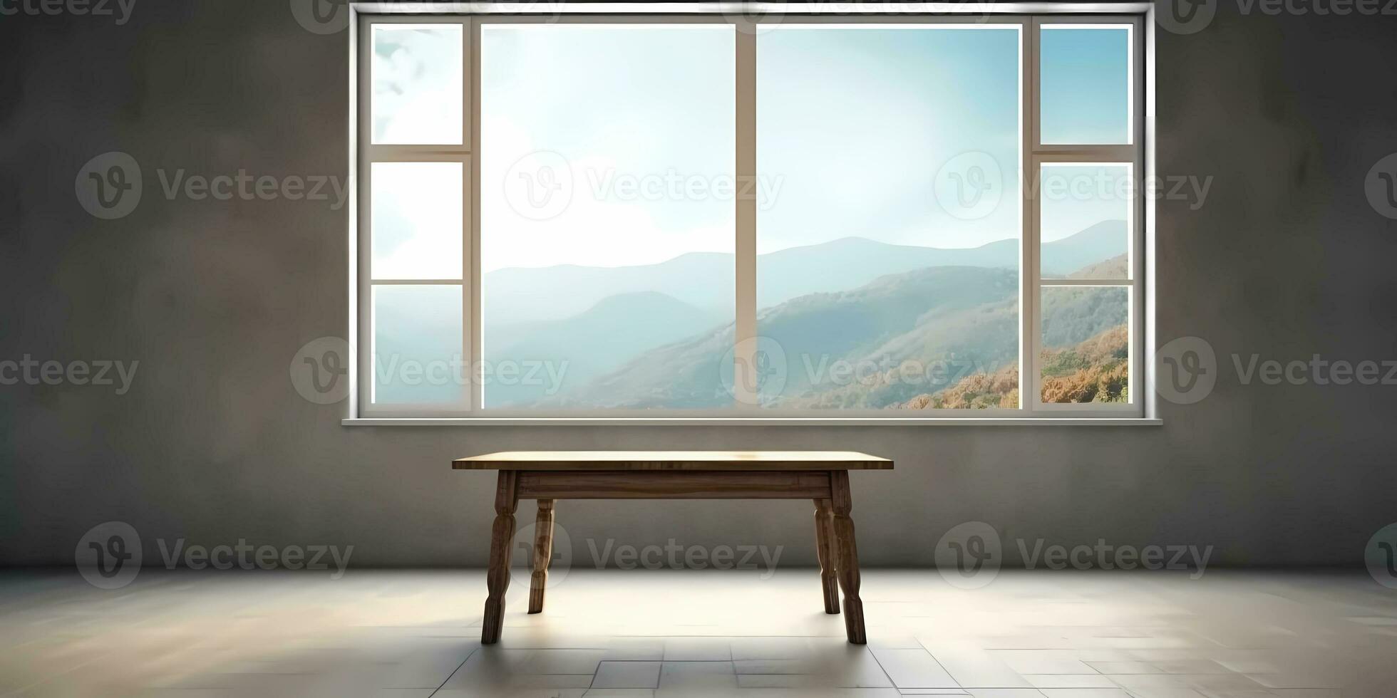 Wood table and window with plant with sun light copy space blurred background, AI Generated photo