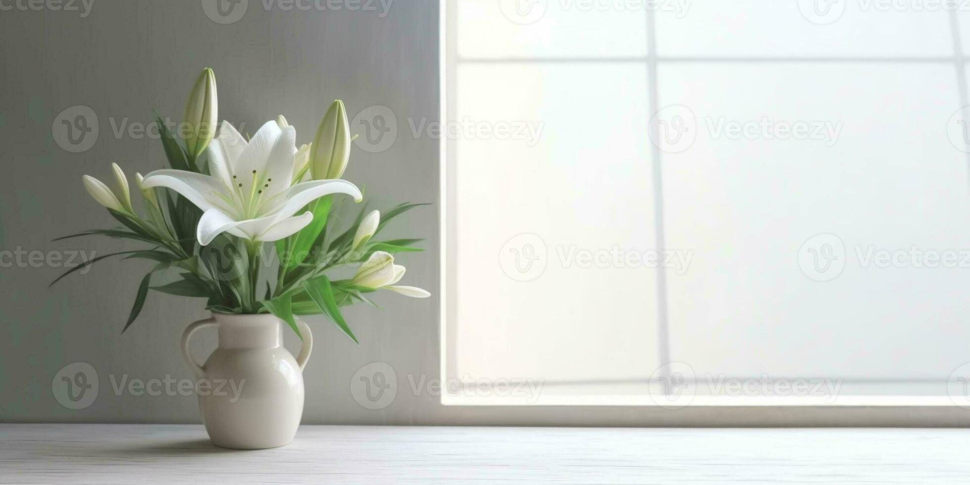 Window and white lily flower on table with sun light copy space blurred background, AI Generated photo