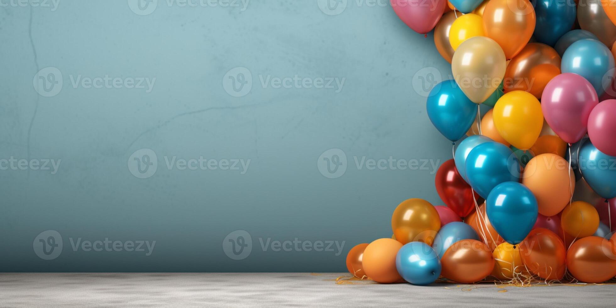 Balloon floating border white wall party background copy space, photo