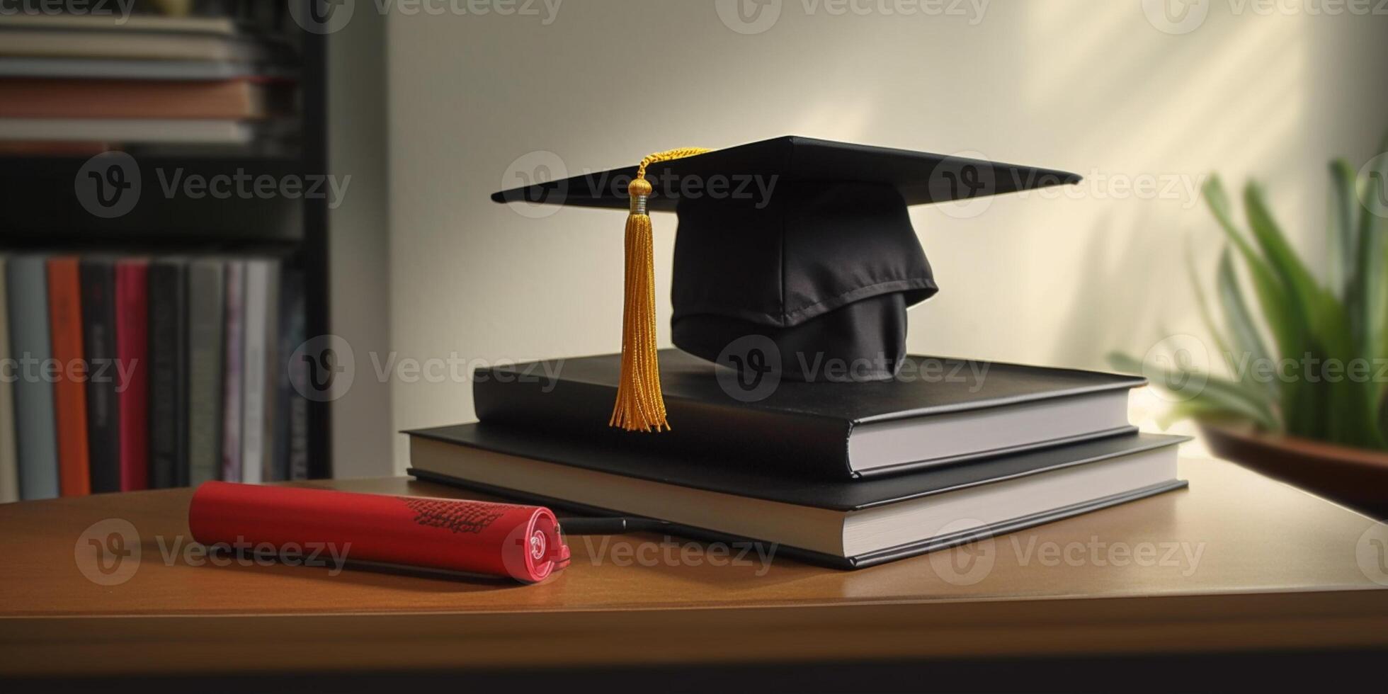 University graduation cap and book background AI Generated photo