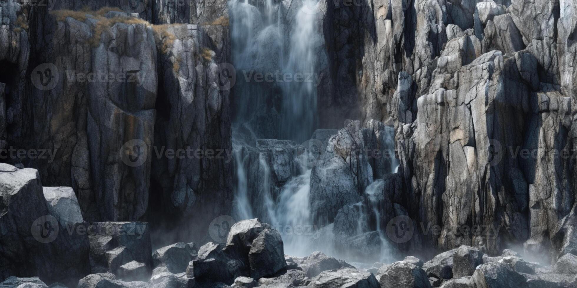 Waterfall and stone copy space blurred background, AI Generated photo