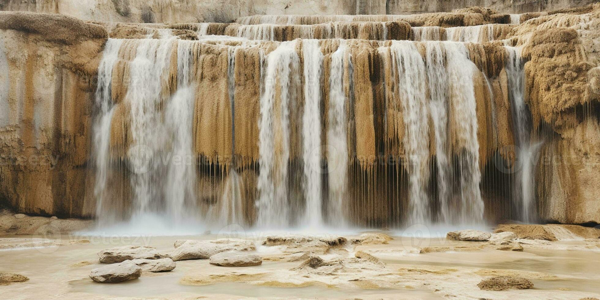 Travertine waterfall and stone rock background, AI Generated photo