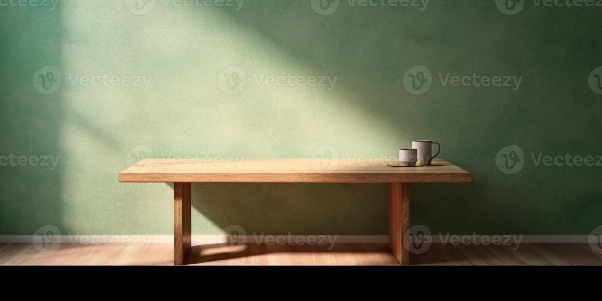 Wooden table and sun light shadow sage green copy space background, AI Generated photo