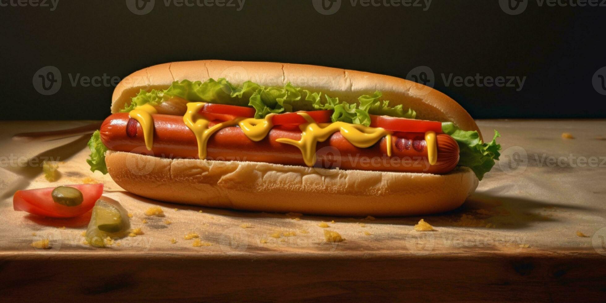 Hot dog sausage blurred background, AI Generateand photo