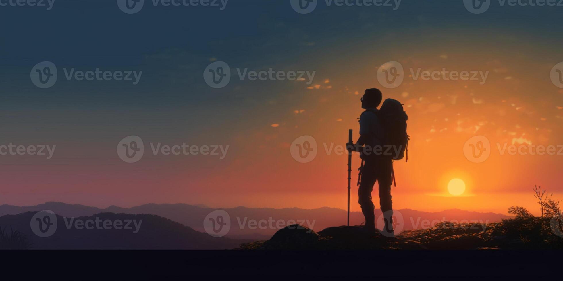 Man hiking adventure silhouette blurred background, photo