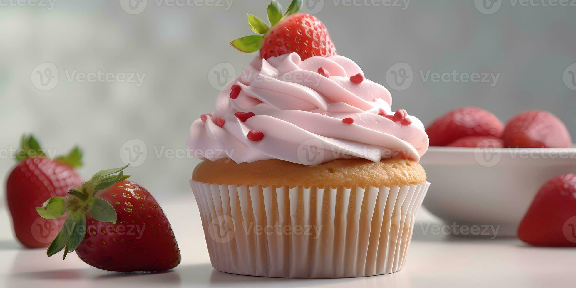 Cup cake strawberry dessert party food, AI Generated photo