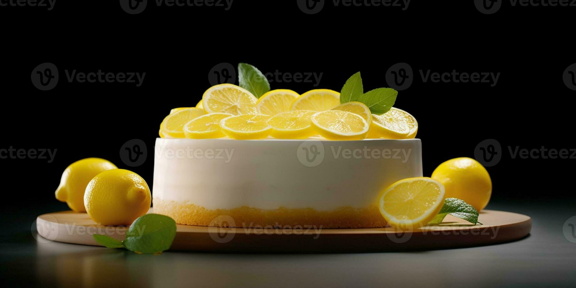 Lemon cheesecake tart blurred background, AI Generateand photo